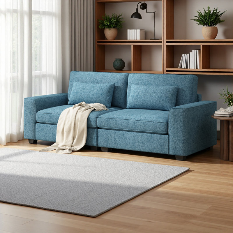Canapé moderne en tissu 79,5 po avec coussins moelleux, accoudoirs élégants et structure en bois massif robuste, Bleu