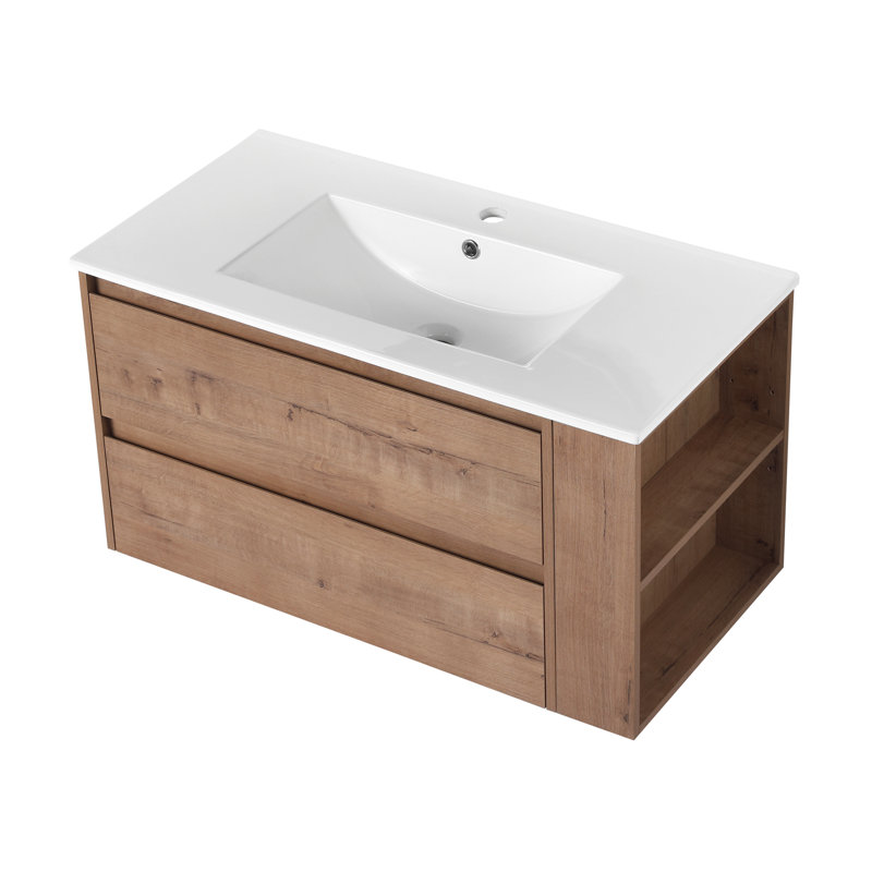 Meuble-lavabo mural 36 po avec lavabo en céramique, Imitation chêne
