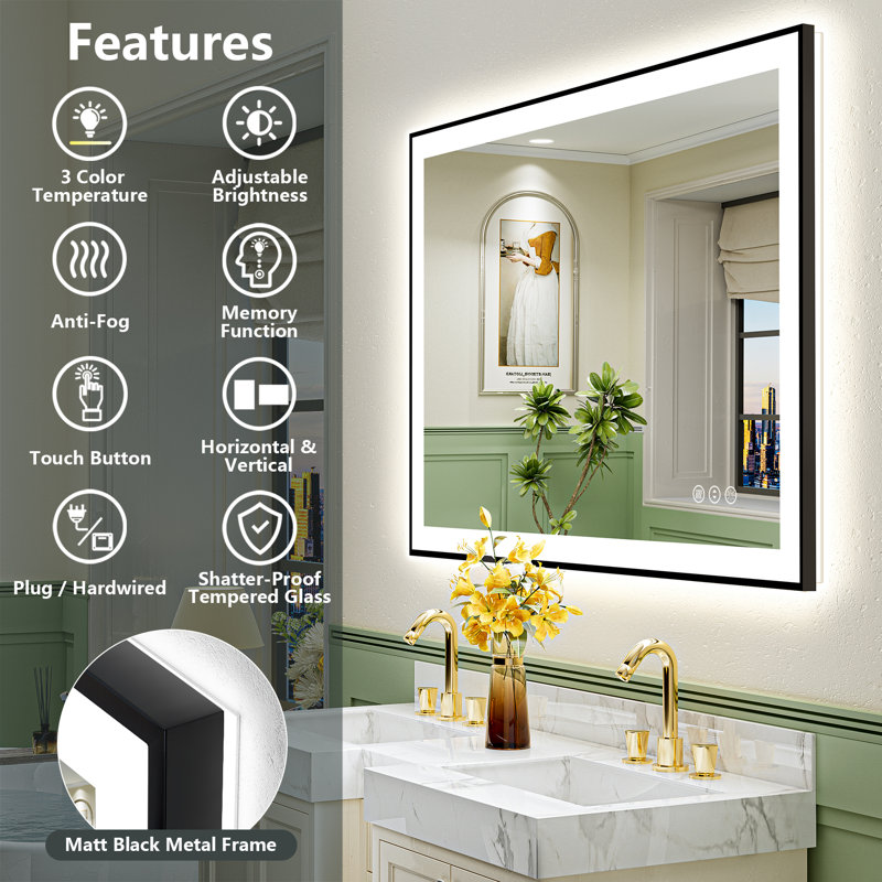 Miroir de salle de bain Tyeishia Matte, 40 po x 36 po