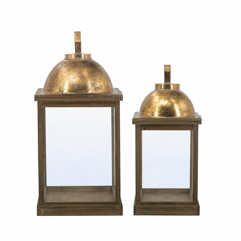 Vintage-Inspired Brown Wooden Lanterns With Clear Glass And Gold Dome For Warm And Inviting Decor