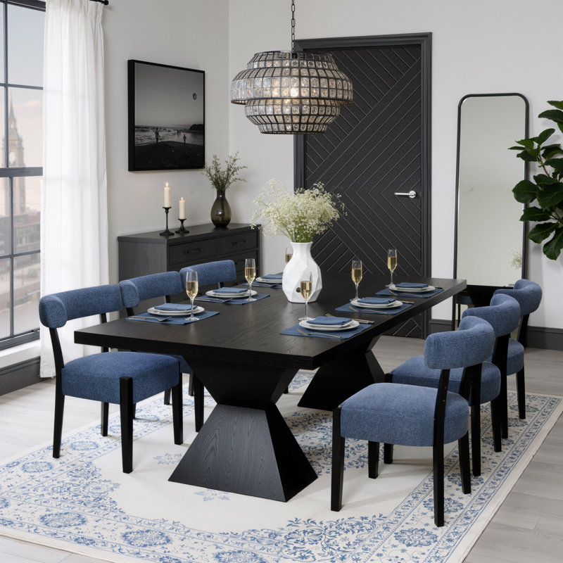 Chaises de salle à manger rembourrées Cindina, 6 pièces, Lin bleu / noir