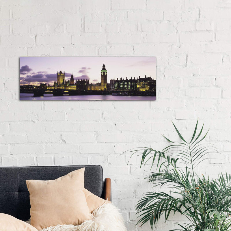 Buildings Lit Up At DuskBig Ben, Houses Of Parliament, Thames River, City Of Westminster, London, England - No Frame Panoramic Print on Canvas