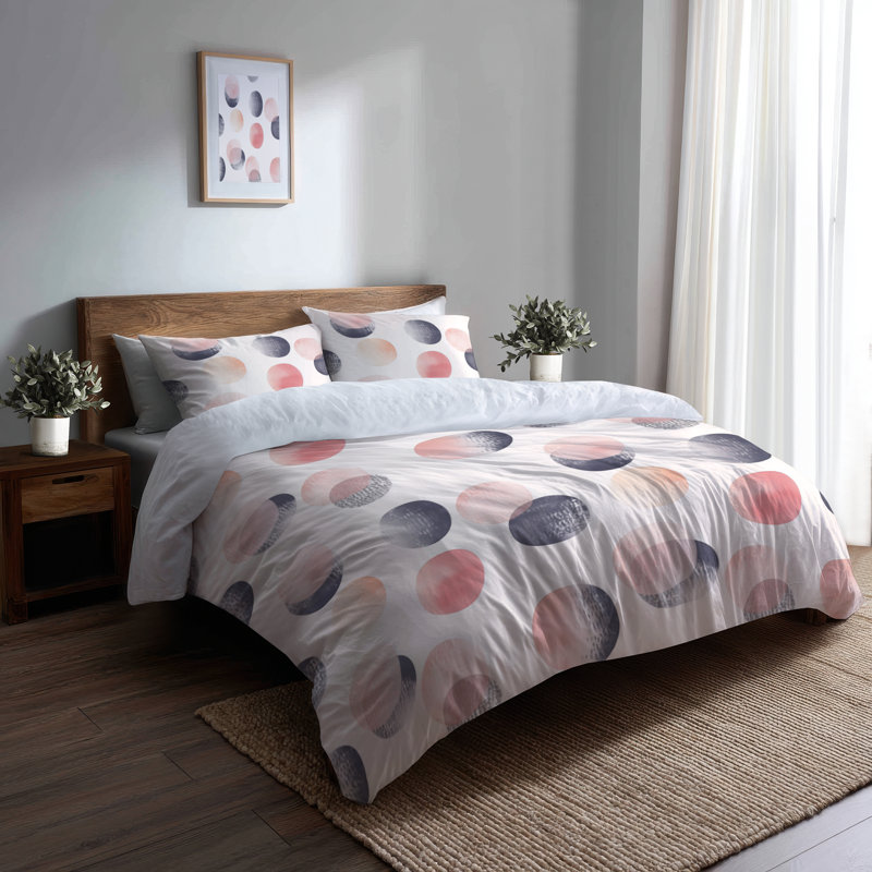 Ensemble de literie moderne 3 pièces - Ensemble de housse de couette à motif géométrique à pois roses