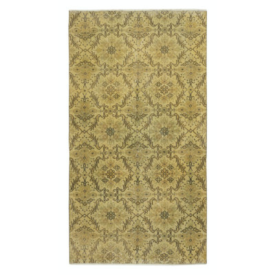 Tapis turc contemporain à motif floral fait à la main 4 x 7,4 pi de couleur jaune