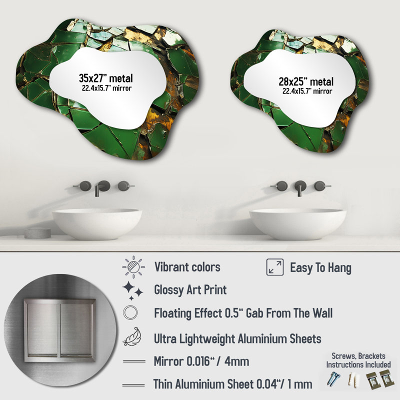 Green And Gold Marble Mosaic Tiles I - Abstract Tile Modern Wall Mirror In Asymmetrical Shapes, 25" x 28"
