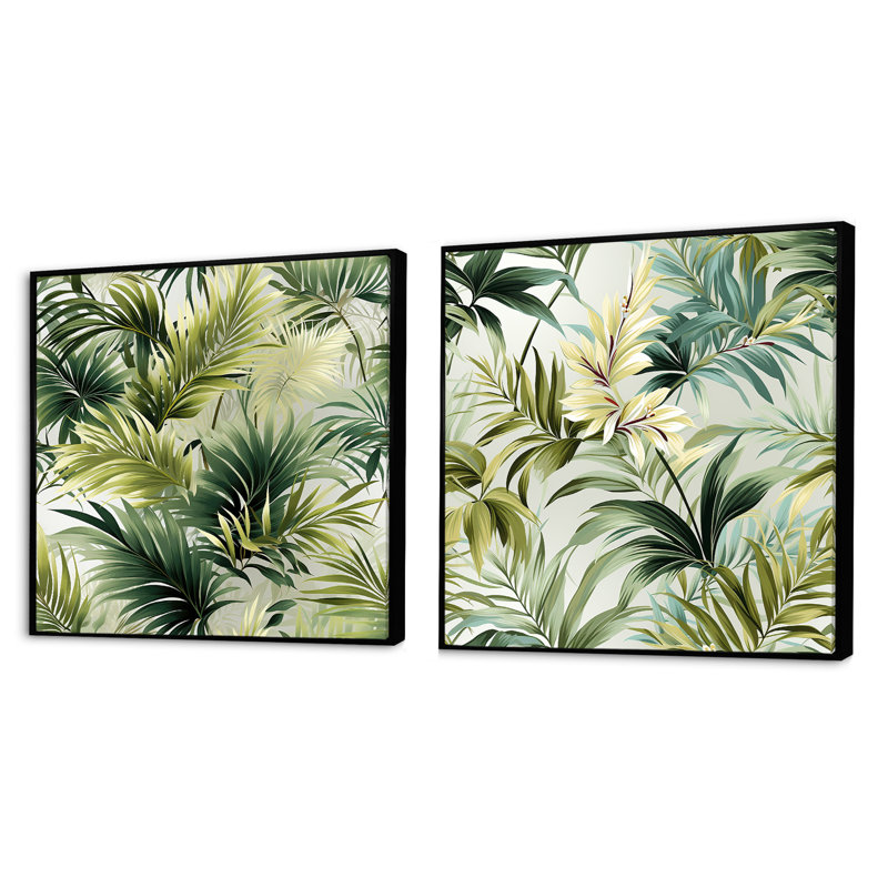 Lignes tropicales à motif tropical - ensemble de 2 collages carrés tropicaux, Cadre flottant noir, H 30 po x l 61 po