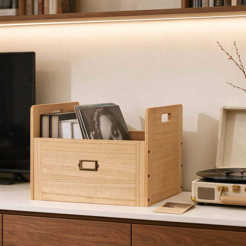 Boîte de rangement en bois pour disque vinyle avec poignées de transport