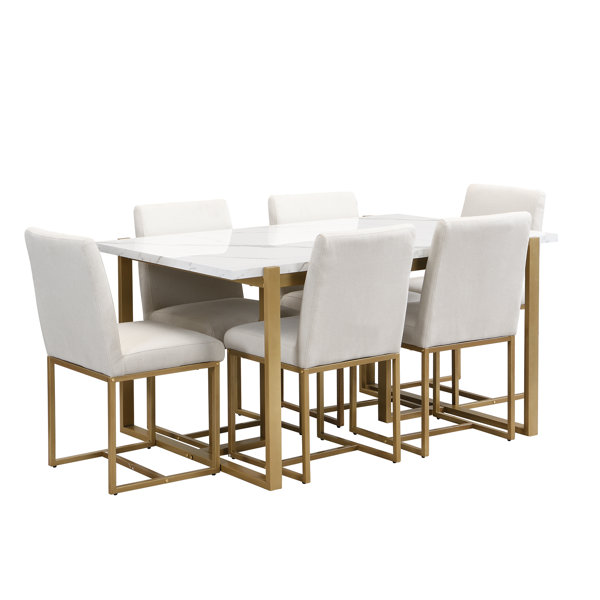 Nadabus 7-piece faux marble dining set: modern kitchen table with 6 upholstered chairs - elegant white & gold design