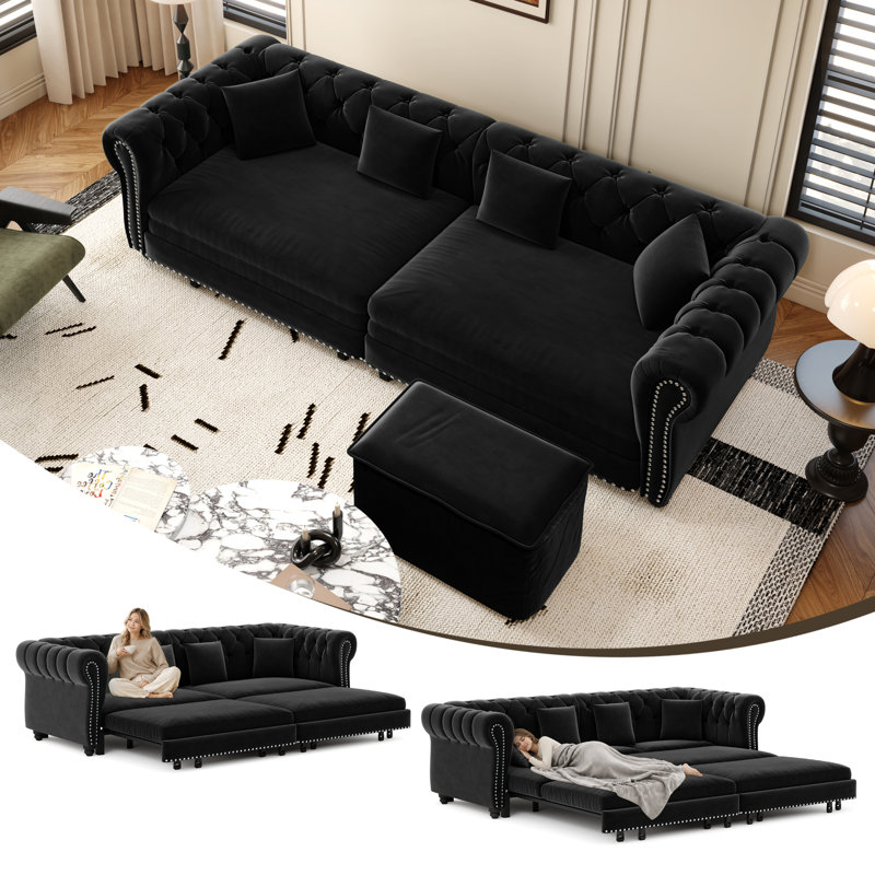 89" Velvet Chesterfield Sofa Bed, Pull-Out Sleeper Sofa, King-size Convertible Couch Bed for Living Room Apartment Office