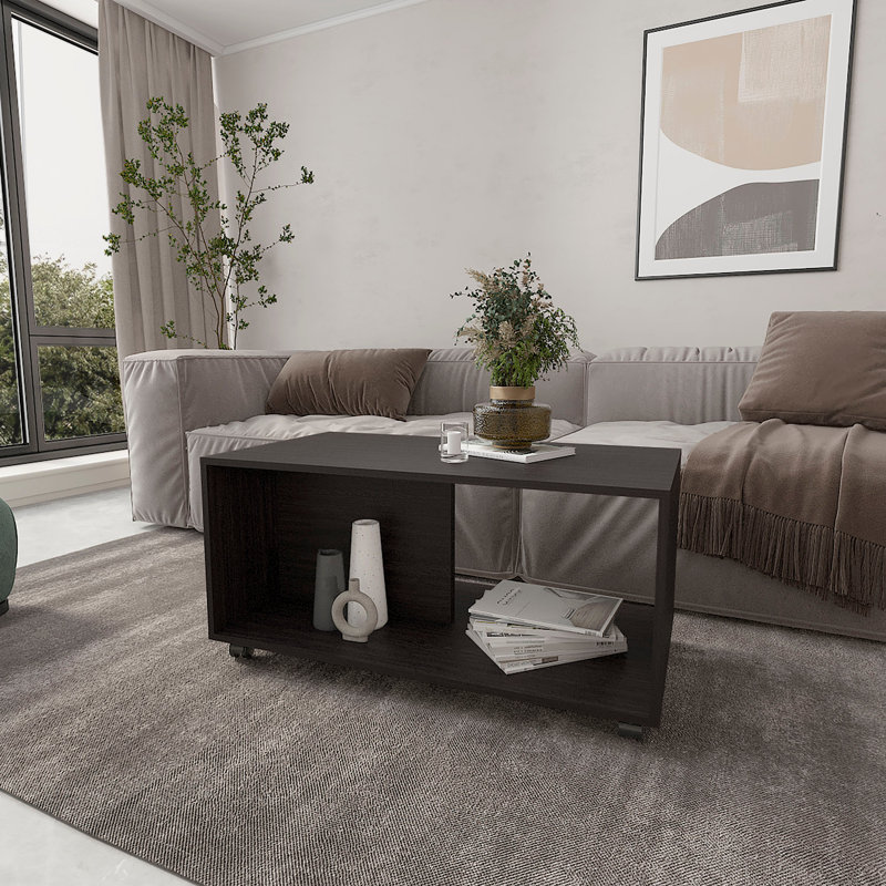 Table basse Gu Oidak avec rangement ouvert et roulettes, wengé
