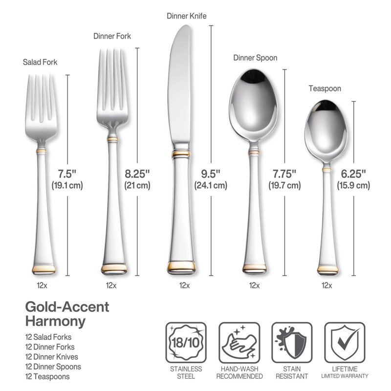 Harmony Gold Accent 65-Piece 18/10 Stainless Steel Flatware Set, Service for 12