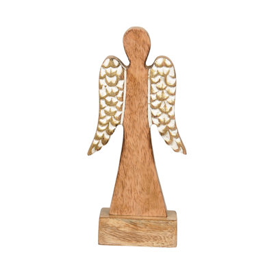 Ange en bois avec des ailes dorées métalliques, objets décoratifs, brun, bois, plateau de table, salon, Noël, décoration de Noël