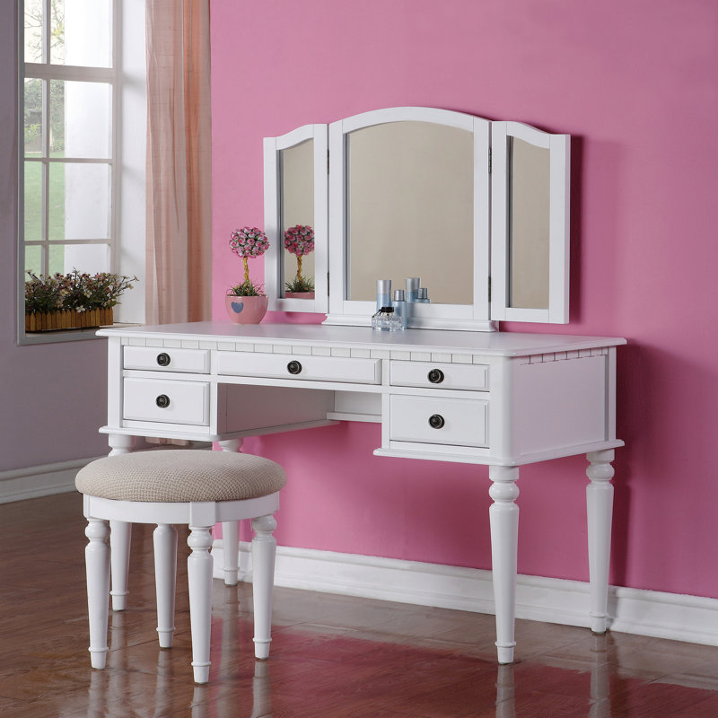 Ensemble de meuble-lavabo de chambre à coucher contemporain avec tiroir et tabouret pliable, White