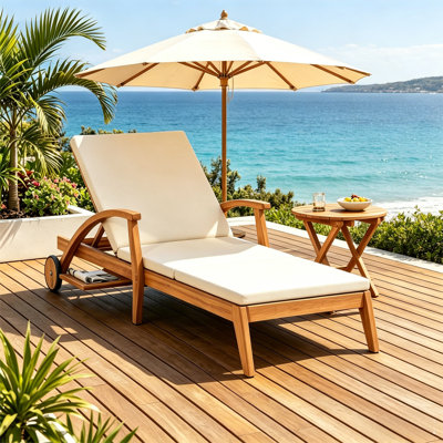 Outdoor Recliner Side Table Set - Comes With 2 Inch Cushion And Adjustable Backrest Chaise Lounge With Wheel & Foldable And Adjustable Acacia Wood Side Table