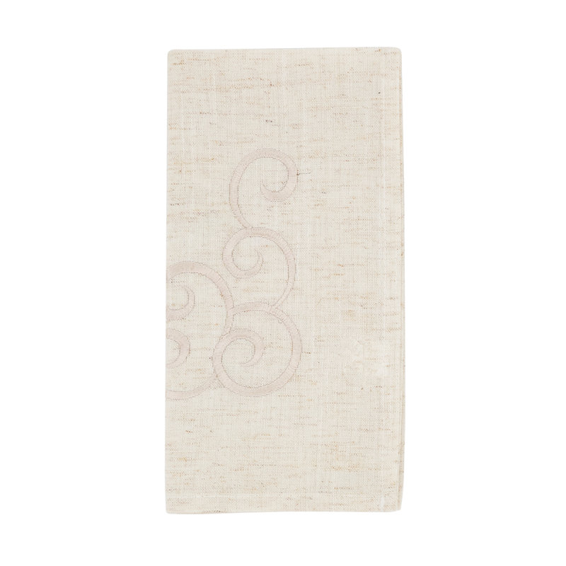 Natural Classic Embroidery Scroll Border Linen Blend Cloth Napkins 20" W X 20" L, Set Of 4