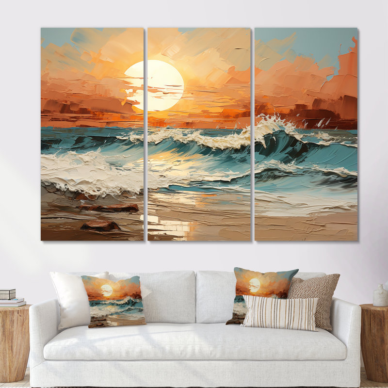 Poff - Ensemble de décoration murale coucher de soleil côtier, H 28 po x l 36 po x P 1 po, Toile tendue