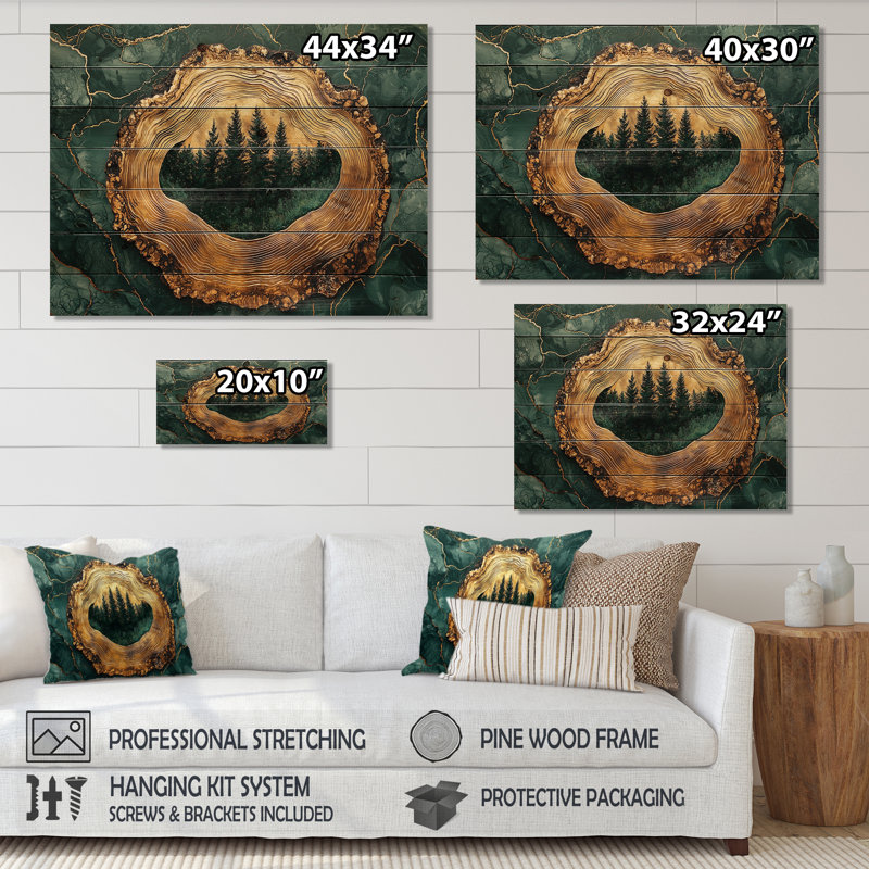 Forêt de pins sur un horizon émeraude - impression sur bois de forêt - sur bois de pin naturel, H 10 po x l 20 po x P 0,78 po
