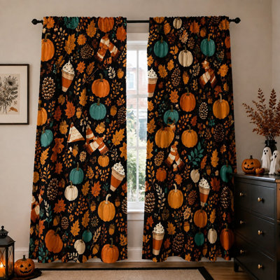 2 pièces rideaux floraux de citrouille d'automne, feuilles d'automne rétro à motif filtrant la lumière pour le salon, la chambre, la cuisine, la poche à tringle, les rideaux de fenêtre, la décoration intérieure et les accessoires