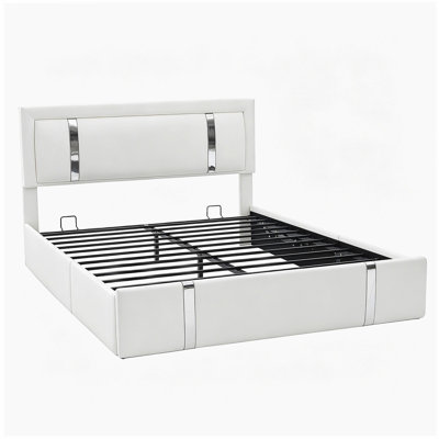 Base de lit pleine grandeur avec rangement pour lit escamotable avec tête de lit à DEL réglable, ports de charge USB-C, support hydraulique, lit plateforme tapissier en similicuir, support à lattes en métal, blanc