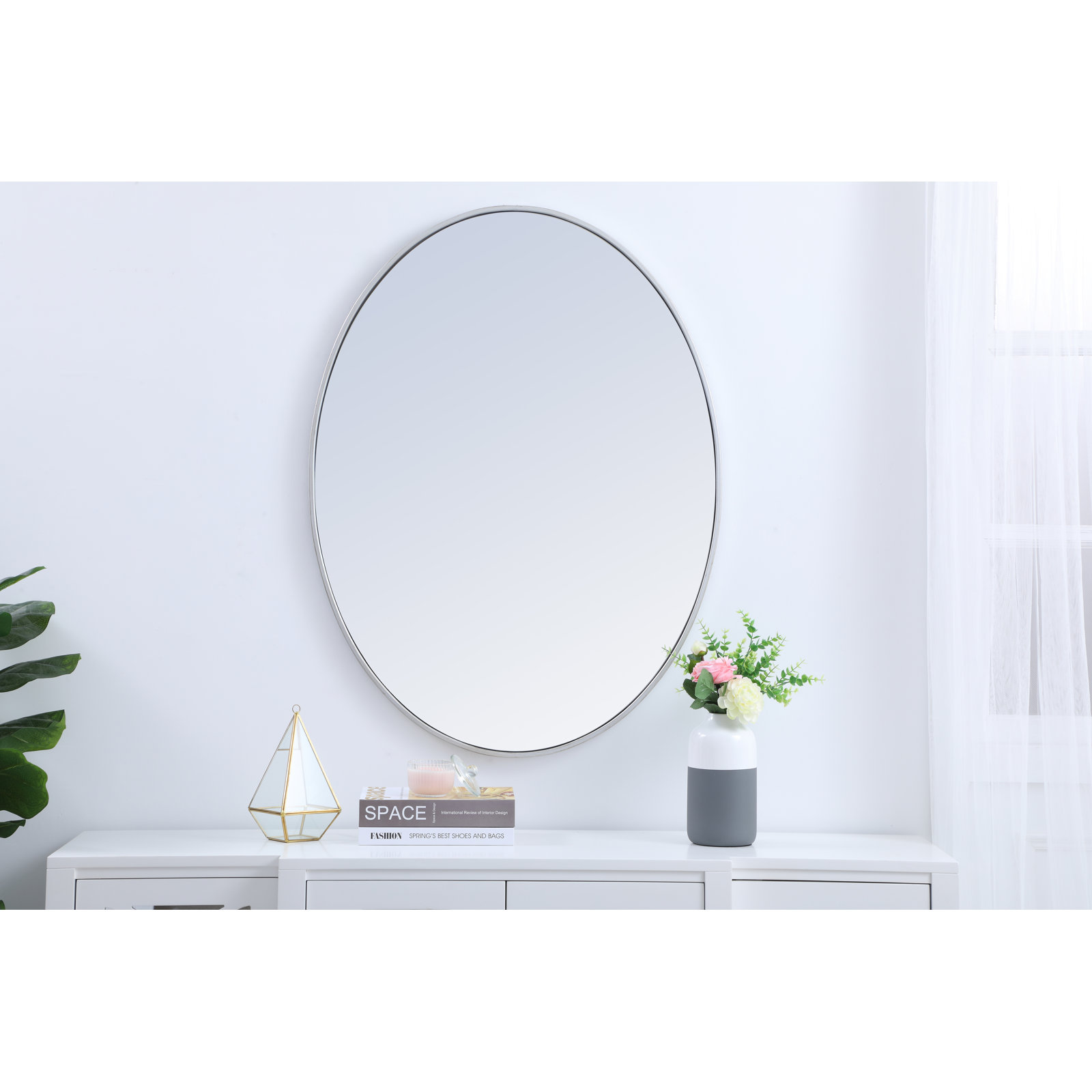 Sabine Metal Oval Wall Mirror, Silver, 30" x 40"