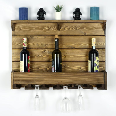 Wall Mounted Wooden Wine Rack Shelf – Wenge Finish, Hanging Glass & Bottle Storage For 6 Bottles - Wenge by Ophelia & Co.