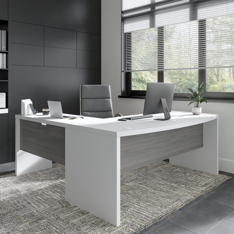Ensemble de bureau d'ordinateur en L 2 pièces avec chaise Echo, Blanc pur / gris moderne