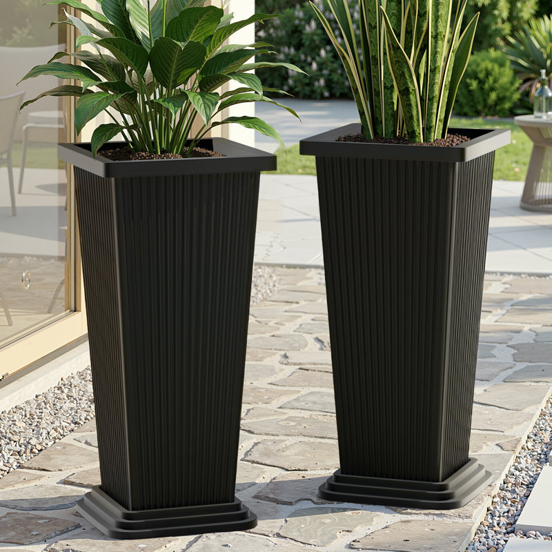 Set of 2 Large 24 Inch Rectangular Tall Planters with Tray for Indoor and Outdoor Use – Tall Outdoor Planters for Porch, Patio and Backyard