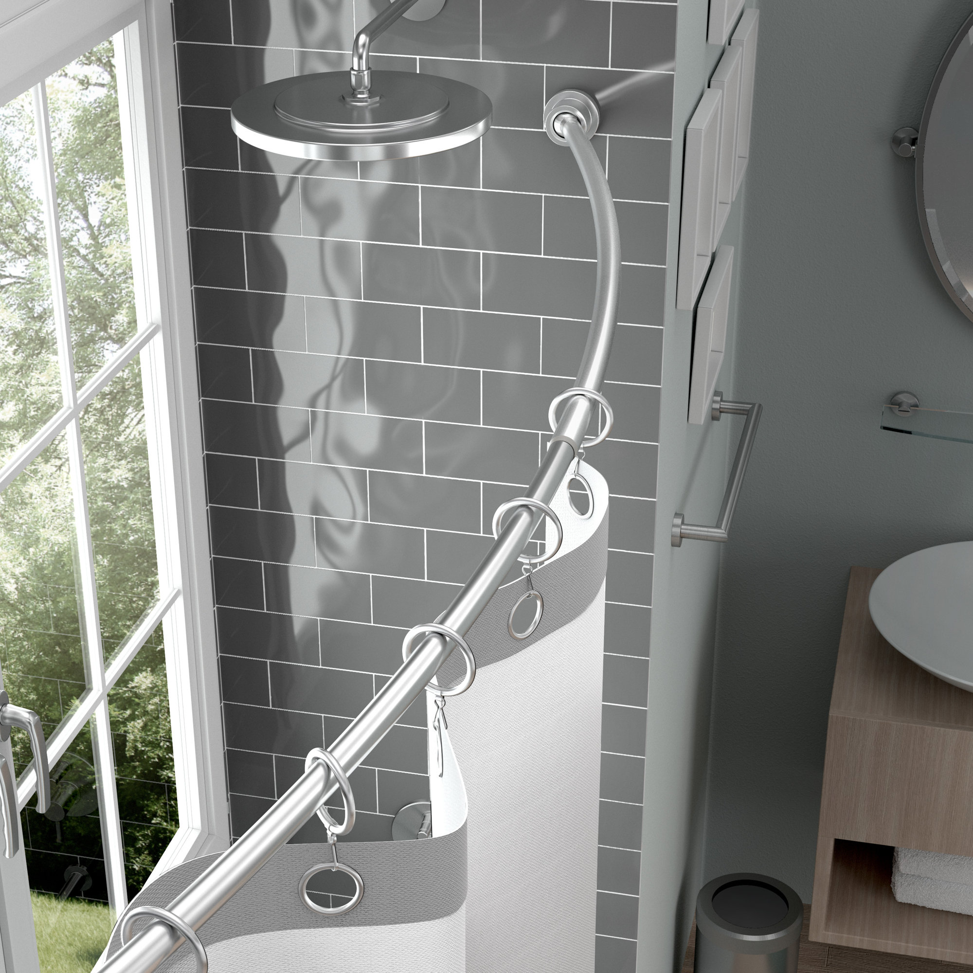 Minimalist 72" Adjustable Curved Fixed Shower Curtain Rod, Satin Nickel