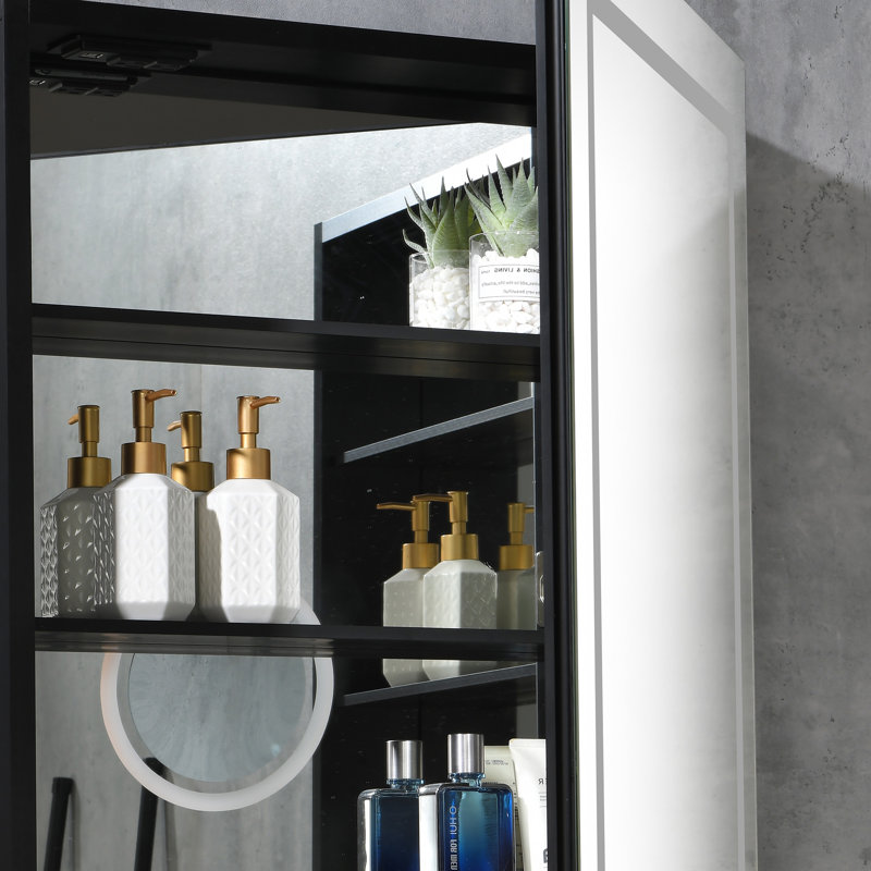 Armoire à pharmacie sans cadre à 1 porte avec éclairage DEL et prise de courant Arlondo, Noir mat / argent, Droite