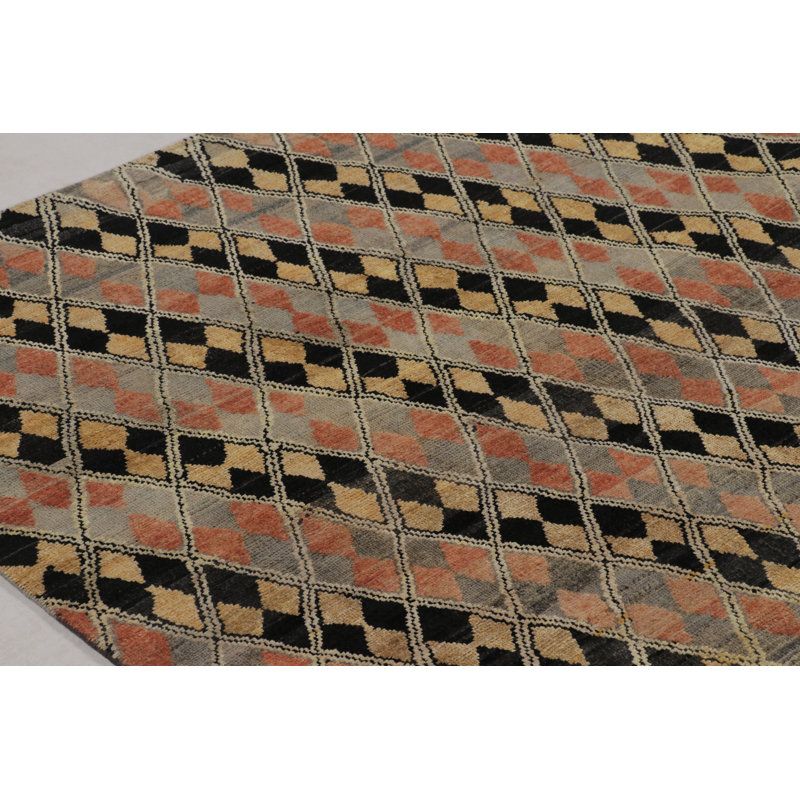 Rug & Kilim’S Modern Rug In Black, Charcoal And Gold Diamond Geometric Pattern