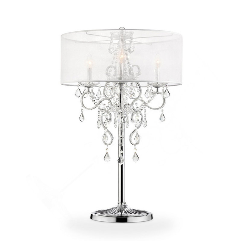 Grande lampe de table 35 "Evangelia", finition argentée et accents de cristal, abat-jour transparent