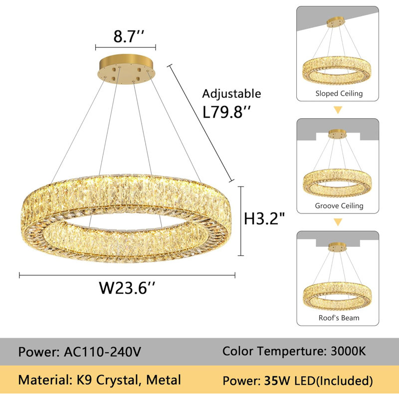 Glam Dimmable Crystal Chandelier, Gold