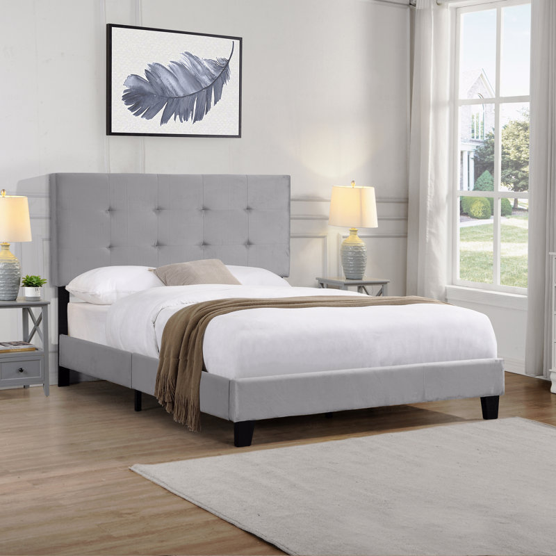Base de lit tapissier pleine grandeur avec tête de lit capitonnée, support de lattes en bois robuste, sommier à ressorts, aucun sommier requis, assemblage facile