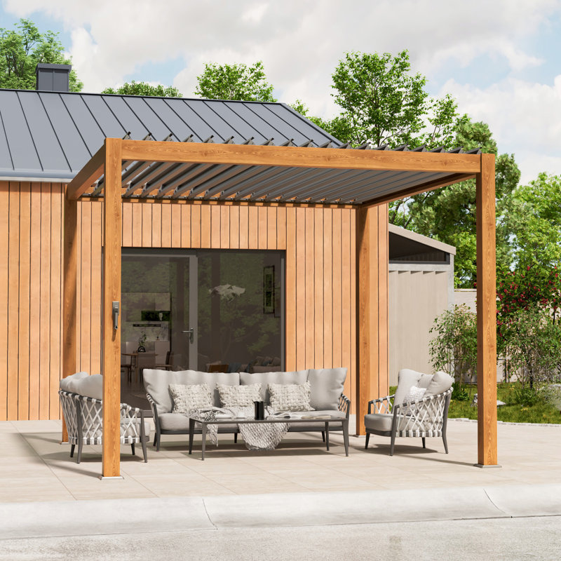 Patio Pergola Aluminum Metal Frame Freestanding Pergola with Louvered Roof for Outdoor, 10' x 10', Wood Grain