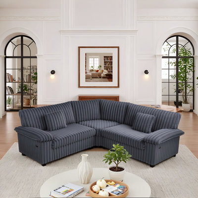 3-Seater Corduroy L-Shaped Modular Sectional Sofa with USB Charging, 2 Pillows & Easy Assembly