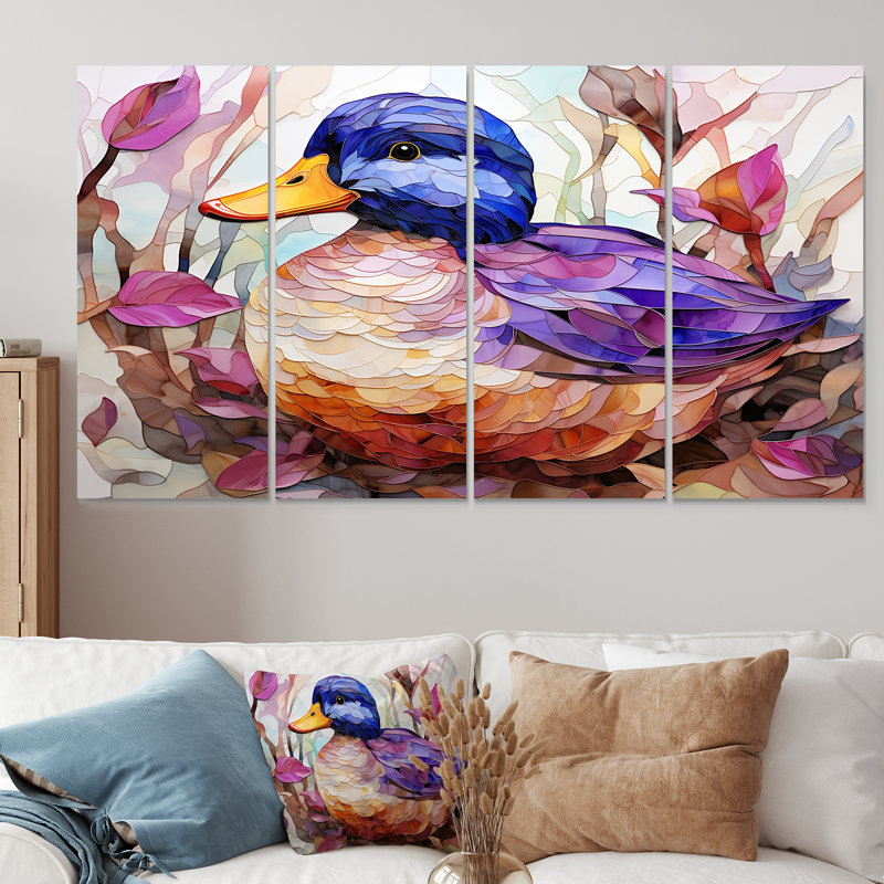 Canard beige et mauve dans un pré - art mural 4 pièces, H 28 po x l 48 po