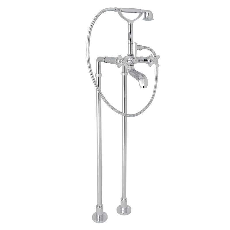 Palladian Floor Mount Tub Filler, Polished Chrome, Industrial Metal Wheel Handle