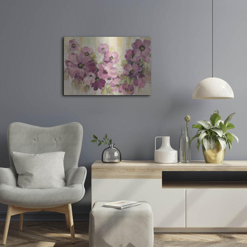 Art mural en métal luxueux «Pink and Green Bloom» par Silvia Vassileva, H 16 po x l 24 po