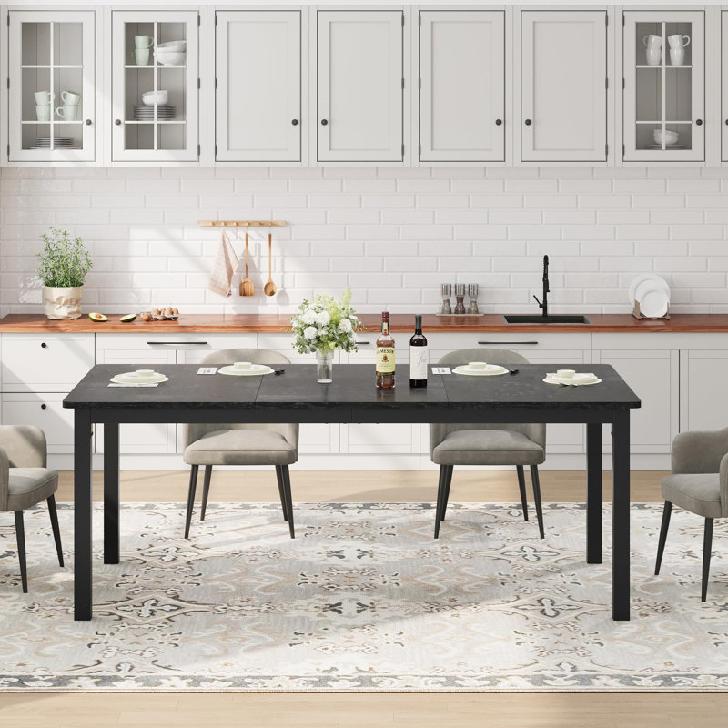 70.8 Inch Long Dining Table For 6 People, Large Rectangle Kitchen Table With Sturdy Metal Legs, Black