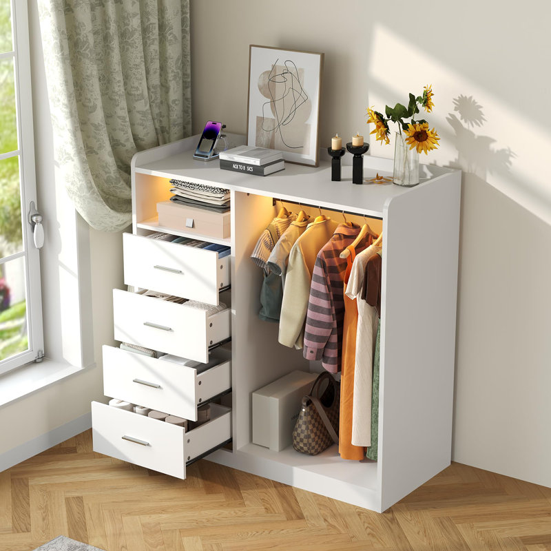 Commode de chambre à coucher avec support suspendu, commode de rangement à 4 tiroirs avec lumières DEL et station de charge USB