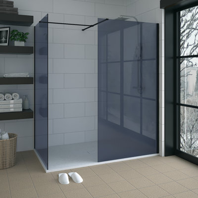 Matte Black Walk In Shower Enclosure Wet Room Grey Glass Screen Pack 1000mm and 760mm Panels