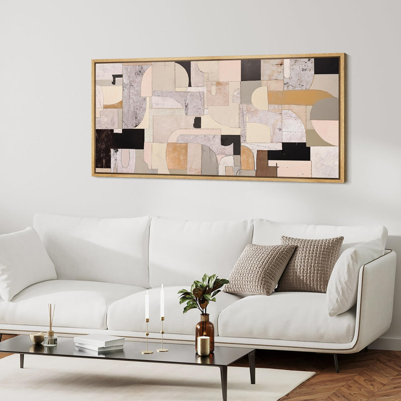 Collage architectural abstrait de style Mid-Century, H 30 po x l 60 po, Naturel