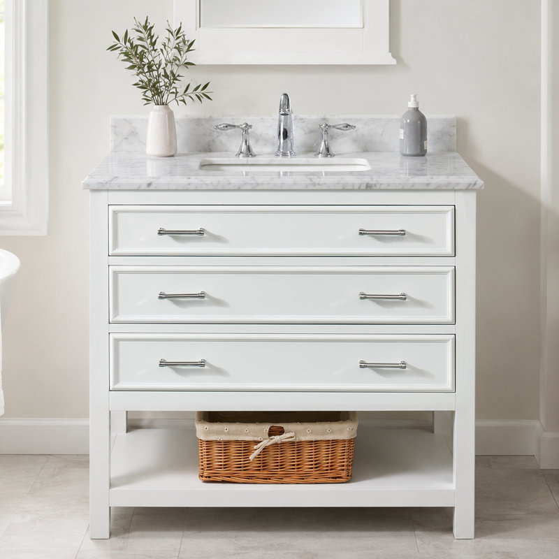Pamula 36" Single Bathroom Vanity Set with Marble Top, Dove White, Soft White, Polished Marble