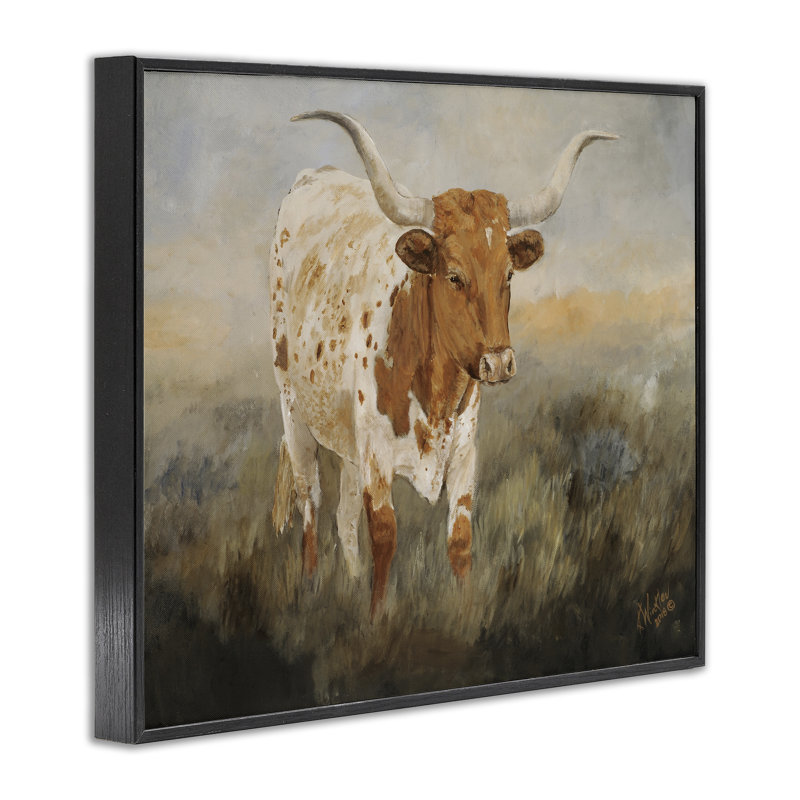 Spotted Longhorn in Countryside Framed Giclee Art, design by Kathy Winkler, 11" H x 14" W, Midnight Black Framed Giclee