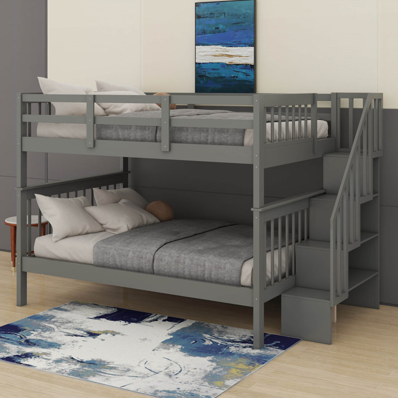 Lit superposé double avec barrière de sécurité et rangement, Gris