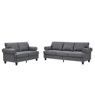 Modern Classic Design with Nails Living Room 2+3 seater Sofa Fabric Couch,Upholstered Polyester Grey.