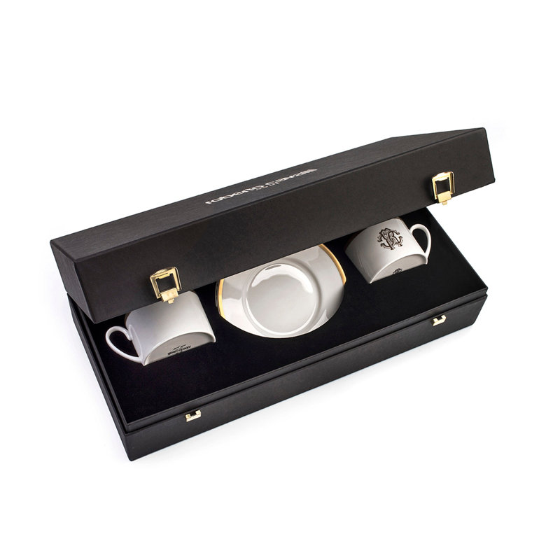 Tea Cup & Saucer SILK Set of 2 in Luxury Box Gold diam. 3.3in, H 2.3in, cap. 7.5 oz, Saucer diam. 6in