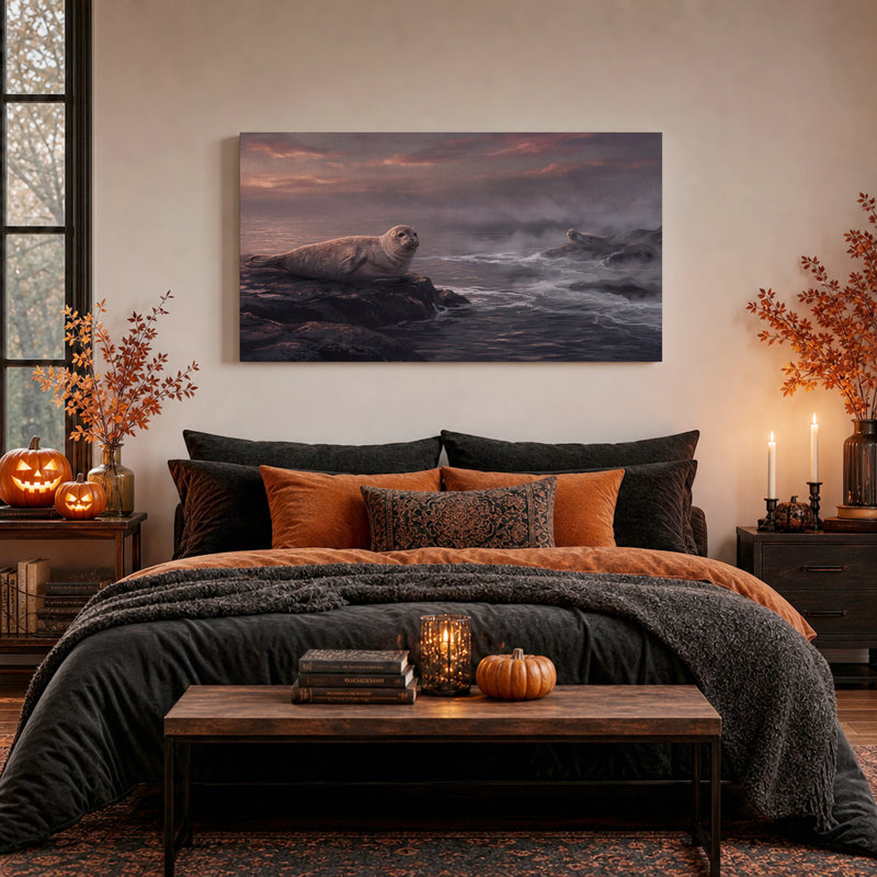 «S phles Resting on Dark Rocks» par Ocean at Sunset, art mural sur toile, 32“W x 16”H