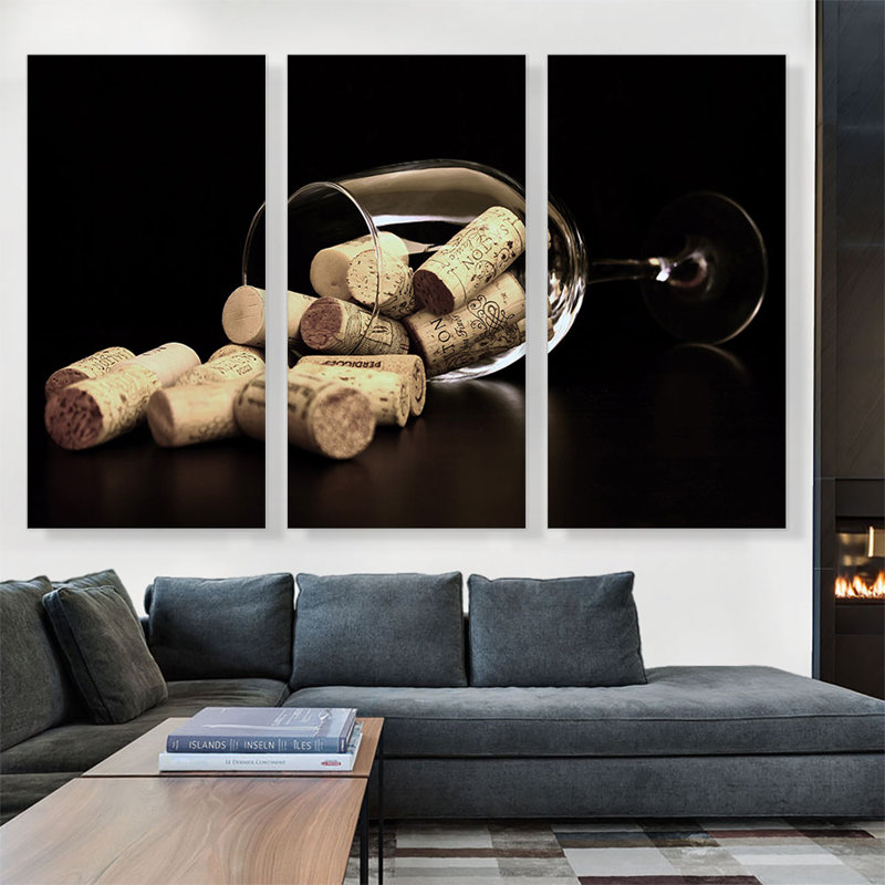 Verre à vin avec capsules de bouteilles - ensemble de 3 reproductions de photos sur toiles tendues