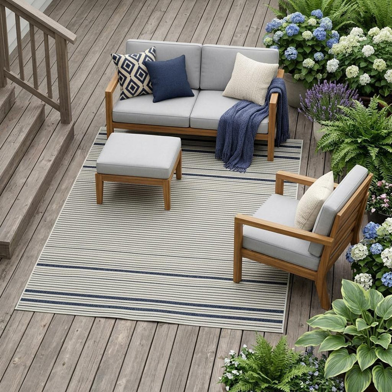 4' X 6' Blue and Cream Striped Distressed Indoor Outdoor Area Rug